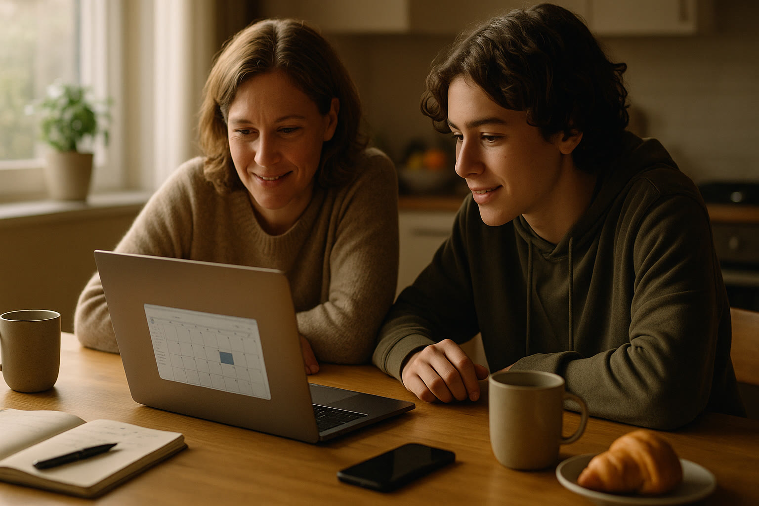 Photo Idea : A warm, candid photo of a parent and teen at the kitchen table looking at a laptop calendar together, coffee and notebooks nearby — natural light, relaxed posture, focused faces.