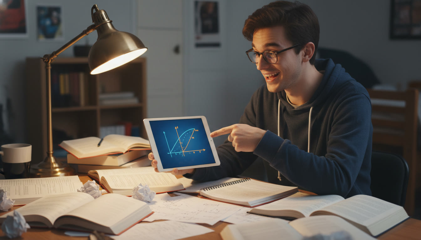 Photo Idea : A student at a desk surrounded by physics notes and a glowing desk lamp, mid-thought, pointing to a diagram of motion on a tablet—conveys focused study and conceptual breakthrough.