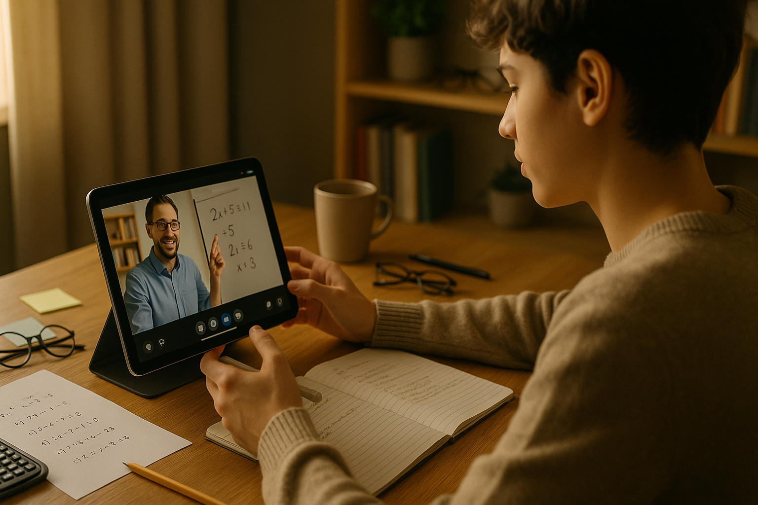 Photo Idea : A dynamic image of a student using a tablet for an online tutoring session, with a tutor visible on-screen and practice problems on the desk; this fits where we discuss personalized tutoring.