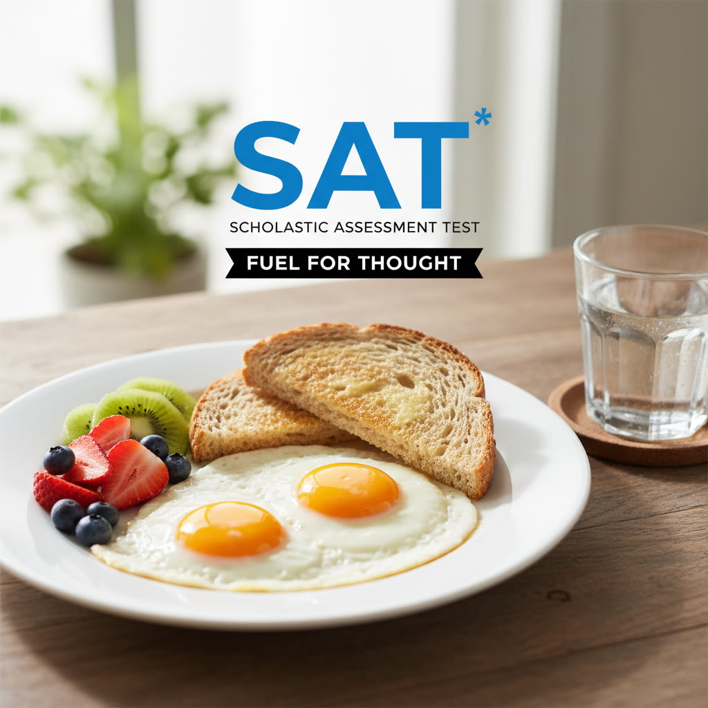 Bright breakfast plate with eggs, whole-grain toast, fruit, and a small glass of water—an ideal pre-test meal.