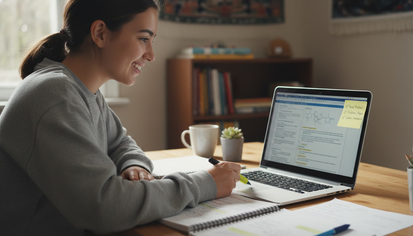 Photo Idea : A student at home reviewing a lab protocol on a laptop with a notebook open and a sticky-note checklist—illustrates effective pre-lab preparation and the habit of previewing protocols.