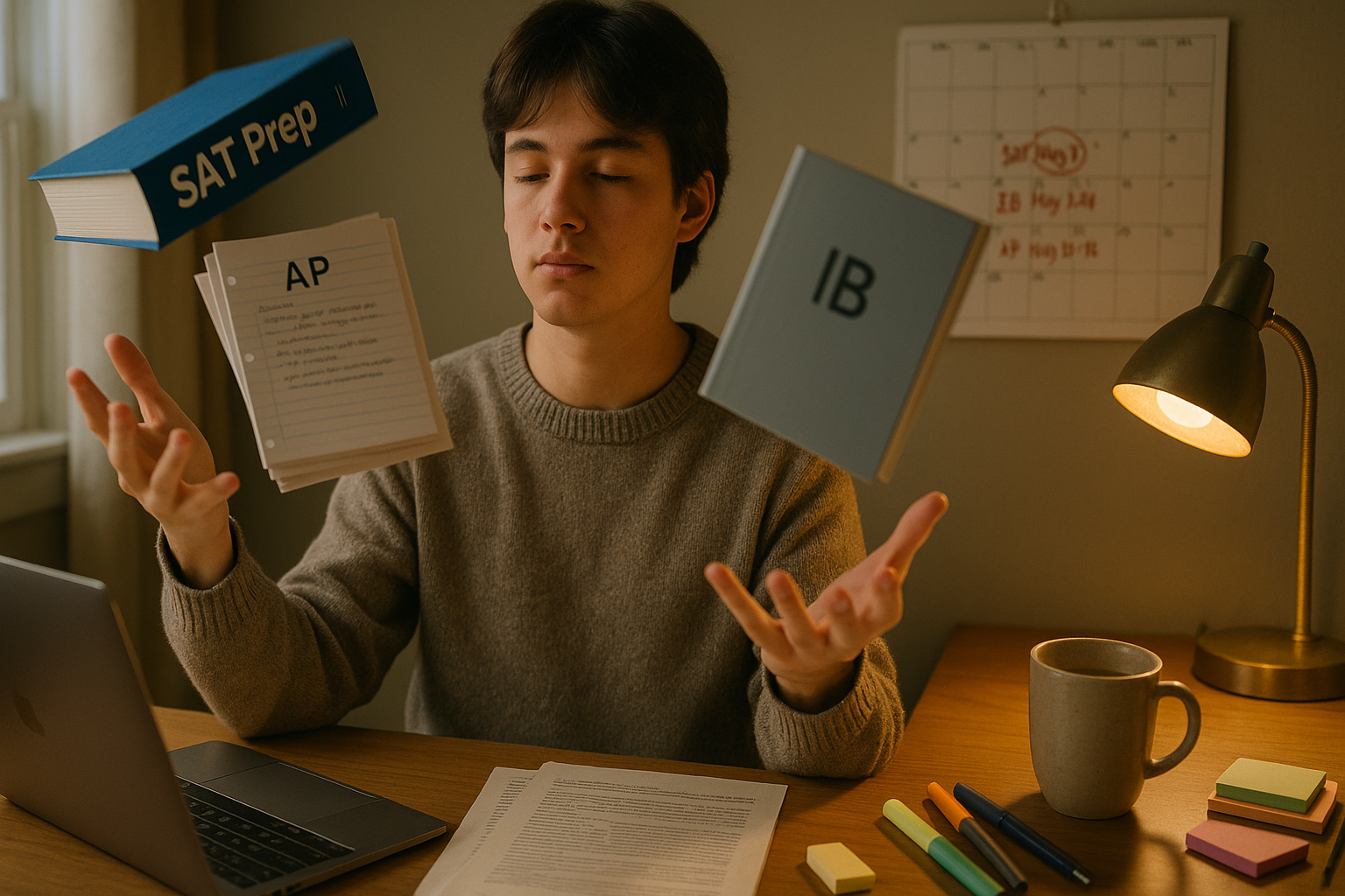 Photo Idea : A calm study scene with a student at a desk juggling SAT prep books, AP review notes, and an IB planner — warm light, a family calendar in the background showing test dates.