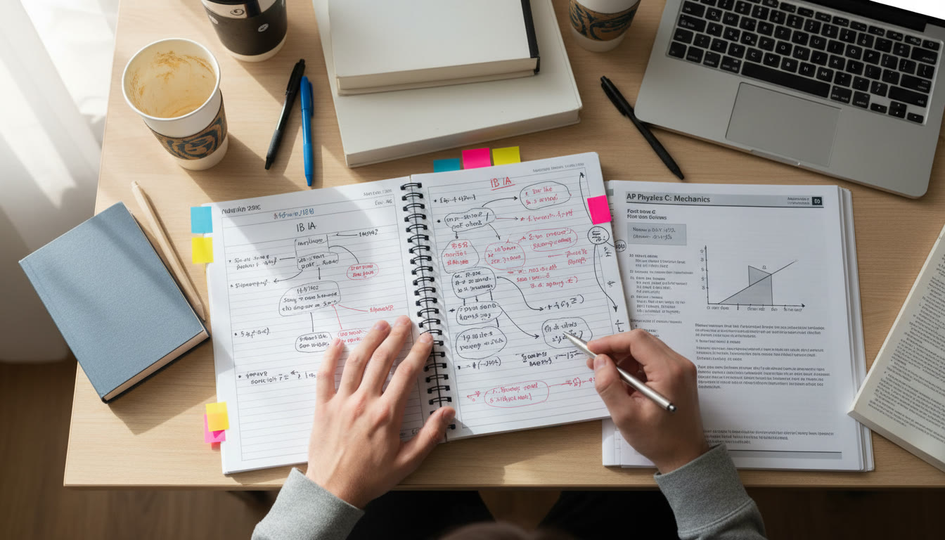 Photo Idea : A high-angle shot of a student at a desk with both an IB IA notebook and an AP FRQ booklet open, highlighting handwritten notes and sticky flags — conveys the bridge between exploratory work and exam-ready claims.