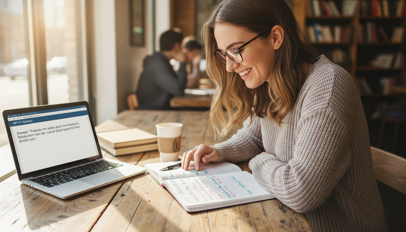 Photo Idea : A warm, candid photo of a student at a cafe with an open notebook, color-coded notes, and a laptop showing a practice prompt—captures focused, modern study and the human side of exam prep. Place this image near the top 30% of the article to set the tone for practical, student-centered guidance.
