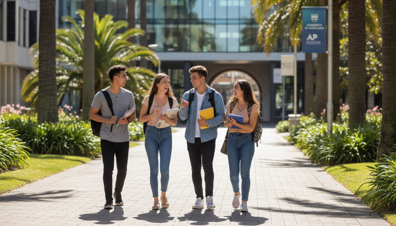 Photo Idea : A bright, welcoming campus walkway at the University of Auckland with a small group of diverse students chatting—conveys possibility, transition, and international study.