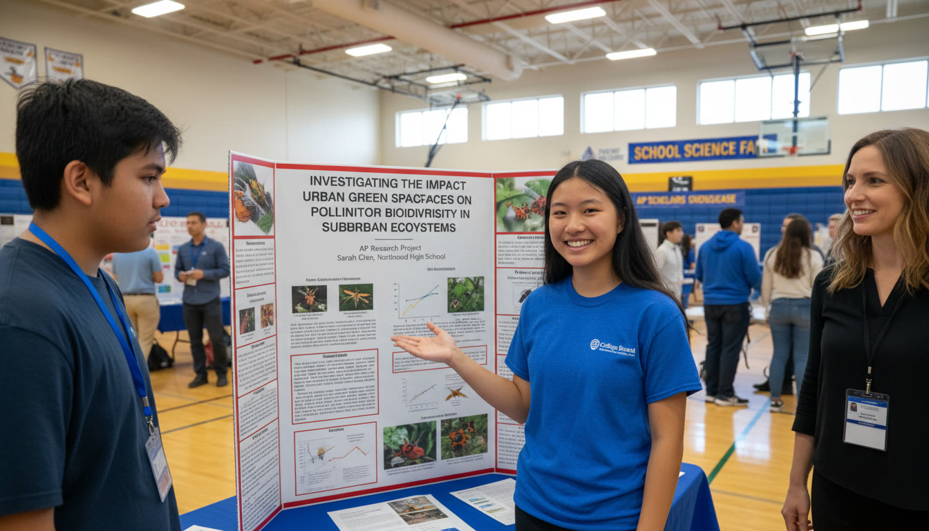 Photo Idea : A close-up of a student presenting a science poster at a school fair, with an AP Research project title visible. This complements content about research and scholarship narratives.