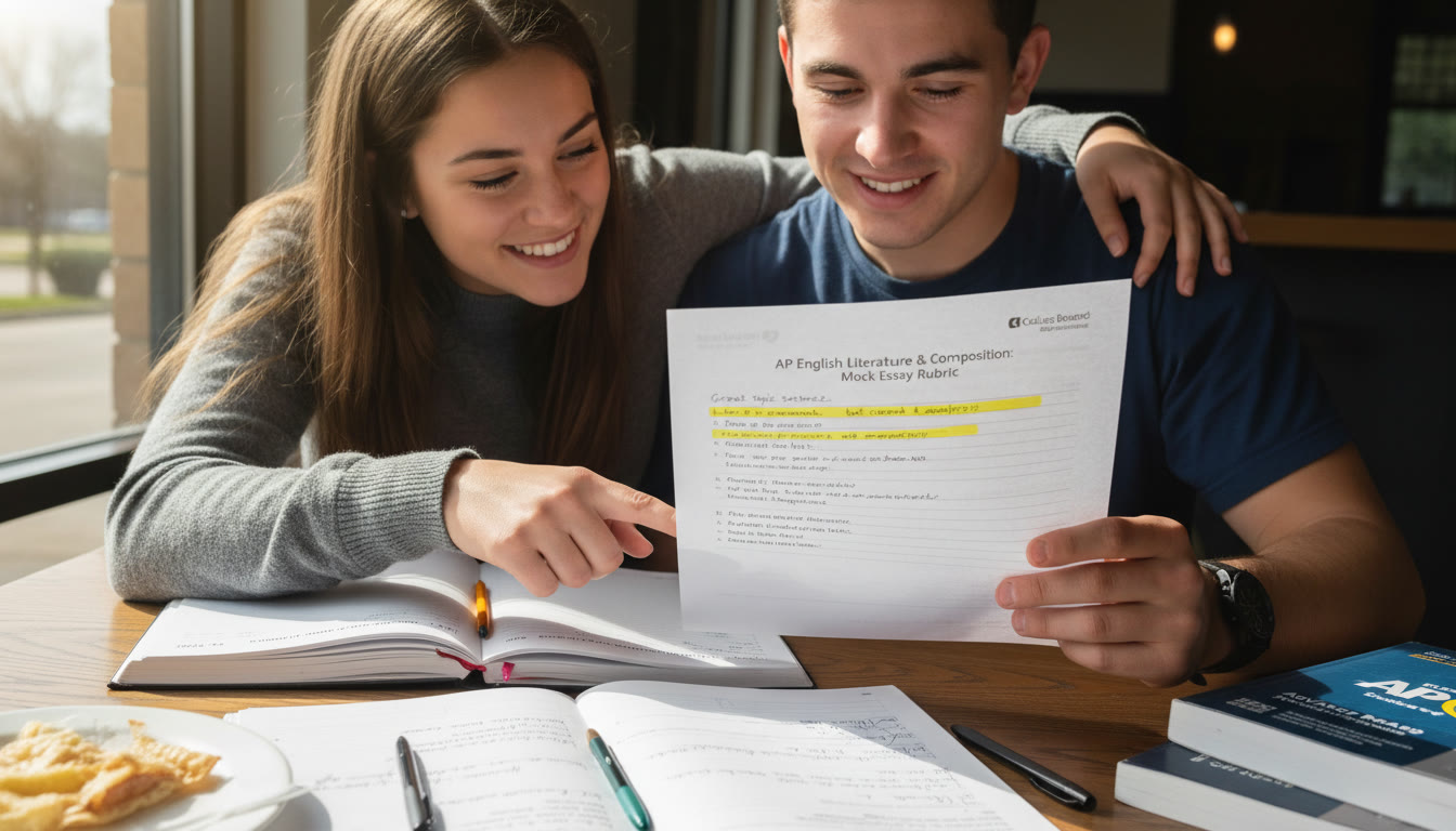 Photo Idea : A close-up, candid image of two students reviewing feedback notes together, one pointing at a rubric—illustrates collaboration and the iterative nature of mock preparation.