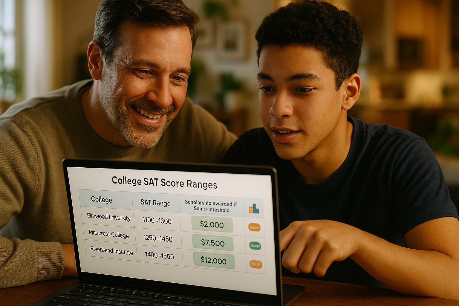 Photo Idea : Close-up of a parent and student looking at a laptop together showing college SAT score ranges and a table of scholarship thresholds — collaborative, hopeful atmosphere.