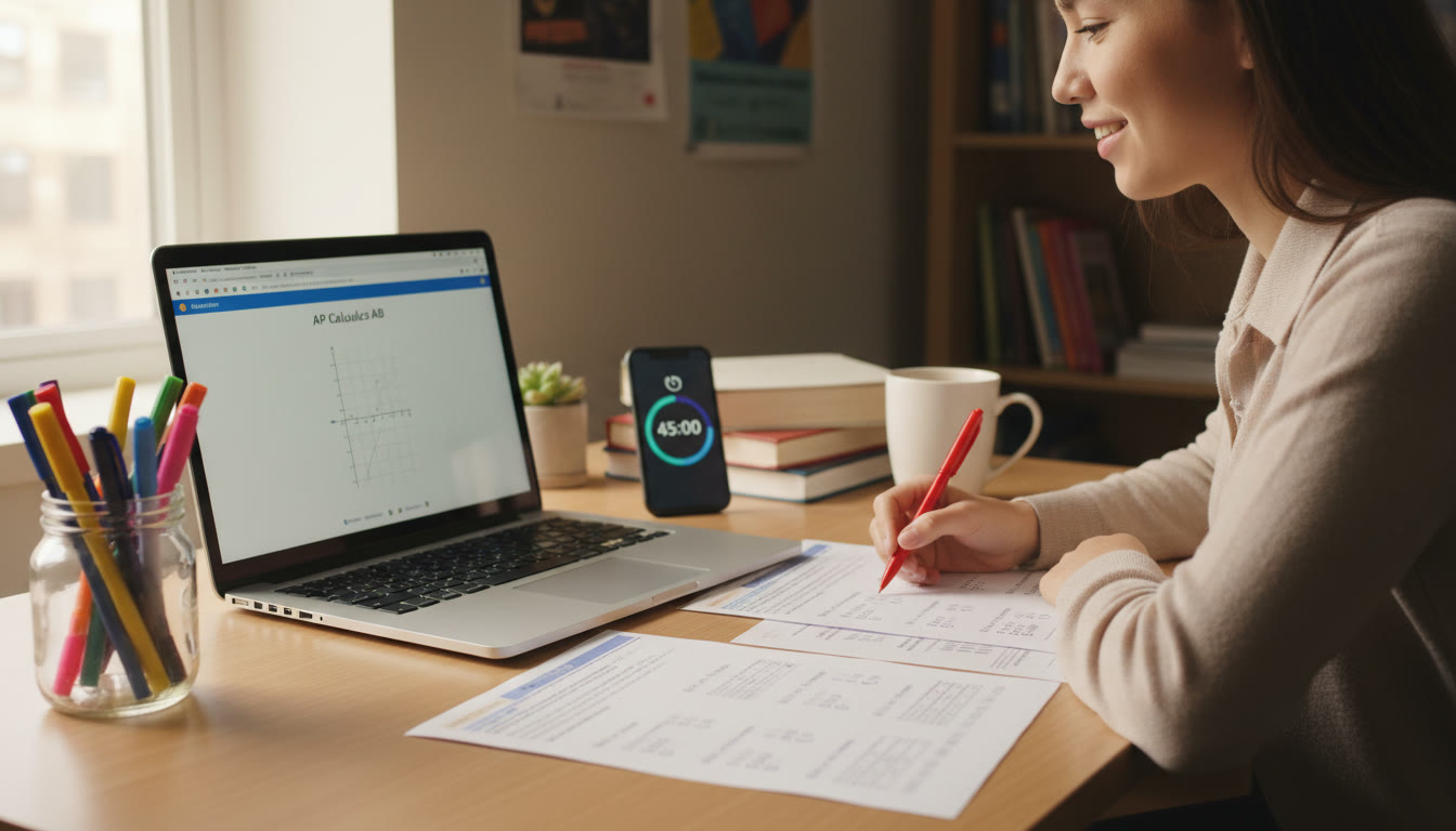 Photo Idea : A student at a clean desk with a laptop and printed AP practice questions, a timer visible on their phone, and colorful pens — conveys focus and realistic test preparation.