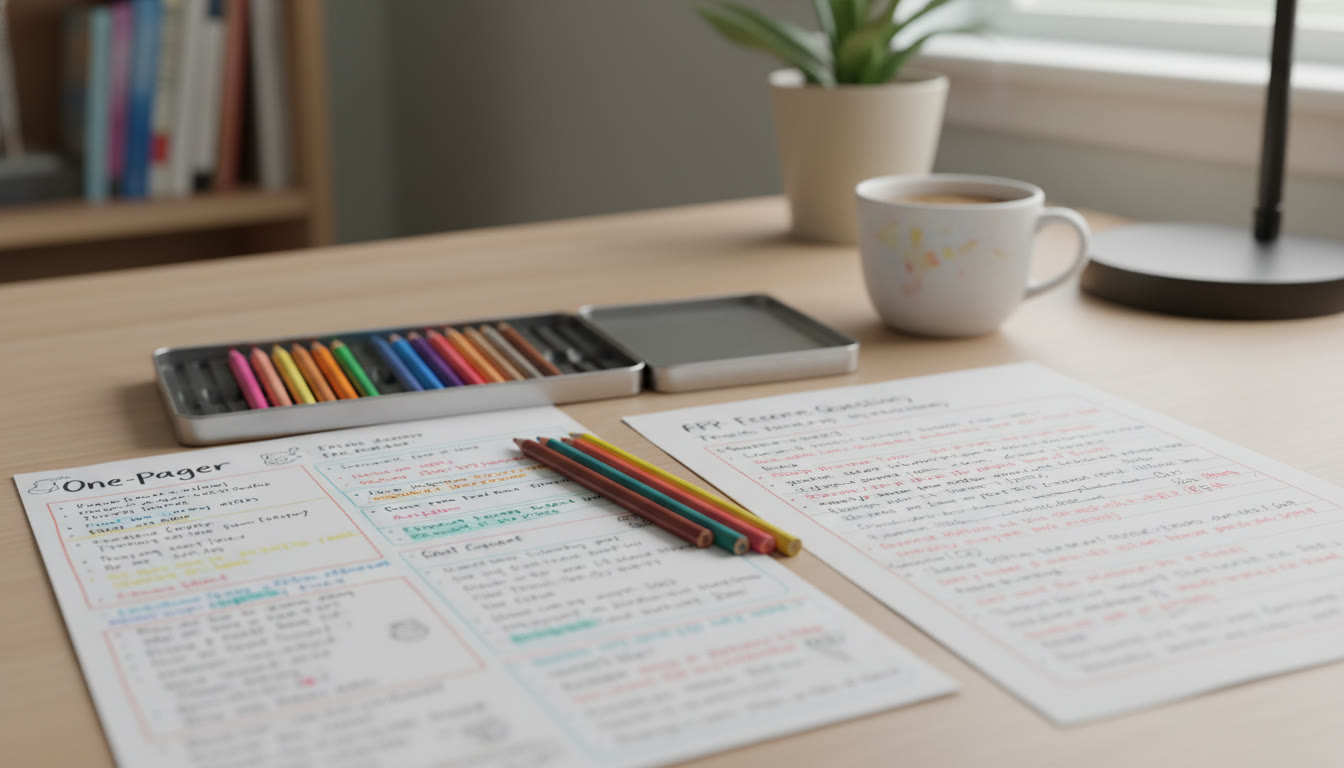 Photo Idea : Close-up of a finished one-pager next to a colored pencil set and a neatly annotated practice FRQ — suggests readiness and exam-day calm.