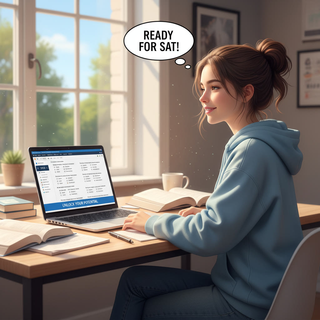 Photo Idea : A smiling high school student sitting at a desk with a laptop and practice SAT questions open, sunlight streaming through a window — conveys calm, focused preparation.