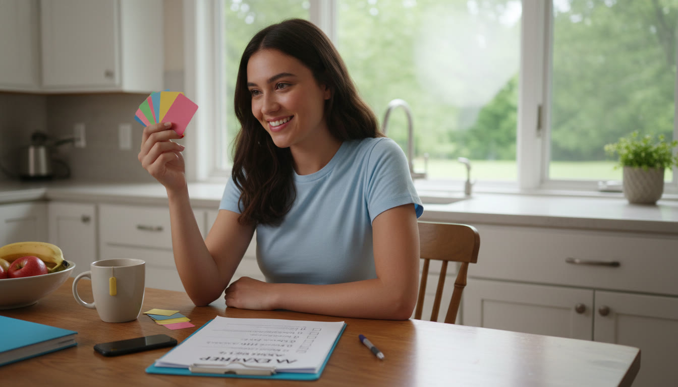Photo Idea : A calm morning scene with a student at a kitchen table using flashcards, a printed exam checklist nearby — evokes readiness and routine.