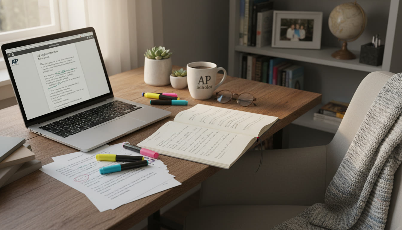 Photo Idea : A cozy study nook with a laptop, highlighters, a printed passage, and a half-written essay — warm light, personal items, implying focused, sustained work.