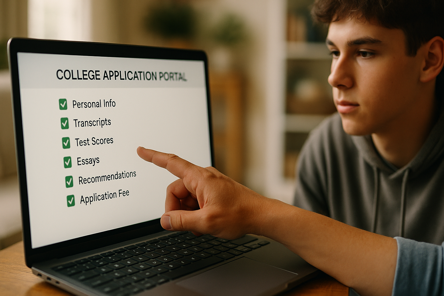 Photo Idea : Close-up of a laptop screen showing a college application portal checklist with green checkmarks, with a parent’s hand pointing at the screen and a teen listening — soft focus background, natural interaction.