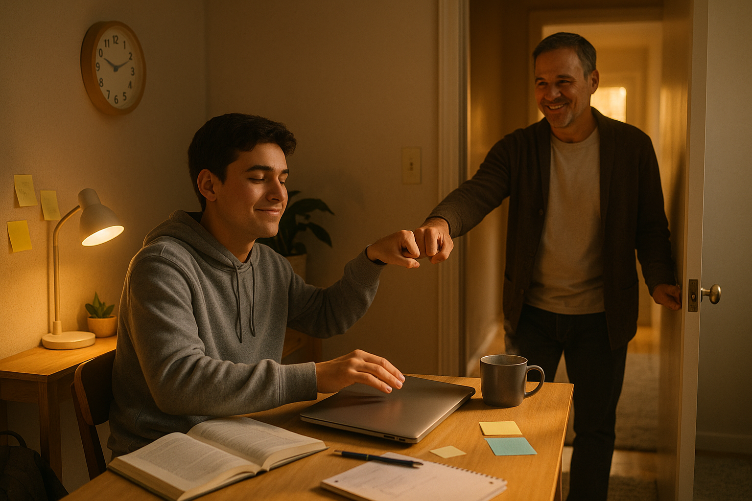Photo Idea : A hopeful late-afternoon scene of a student closing a laptop after a study session, with a parent offering a supportive fist-bump through a doorway.