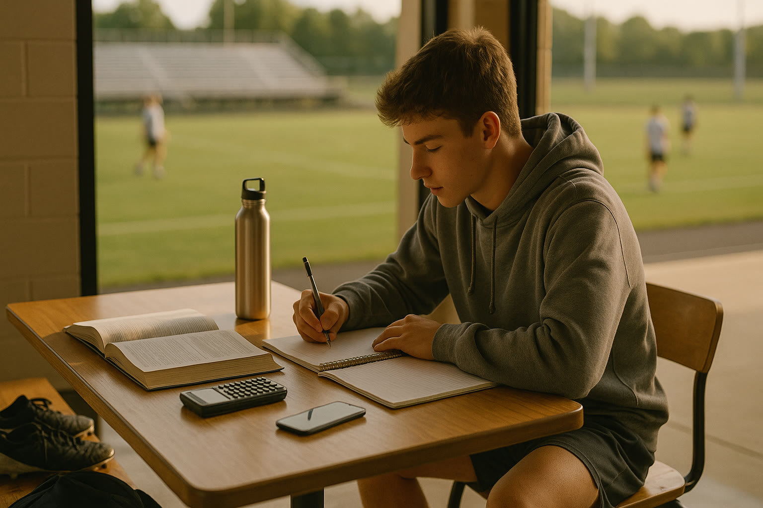 Photo Idea : A candid photo of a high-school athlete studying at a table between practices with a water bottle and cleats nearby — showing the dual focus on sport and academics.