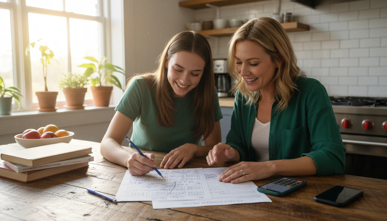 Photo Idea : A calm scene of a student and parent sitting at a kitchen table reviewing a filled answer sheet, pen and phone nearby. The mood conveys problem-solving rather than panic.