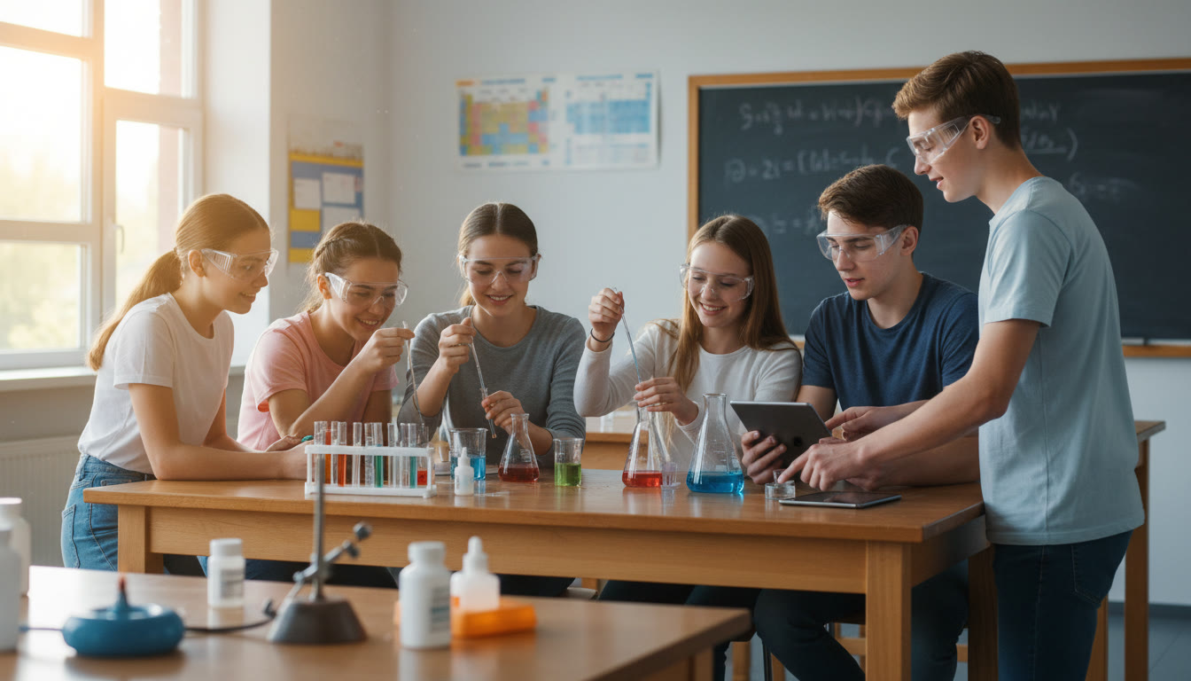 Photo Idea : A bright, candid shot of high school students collaborating at a lab bench — safety goggles on, pipettes and beakers visible. The mood should be engaged and focused, showing teamwork and curiosity.