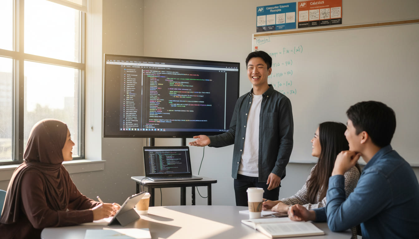 Photo Idea : A bright classroom scene with a student presenting to a small group, a laptop open with code on the screen, and peers nodding—captures a relaxed mock presentation environment.