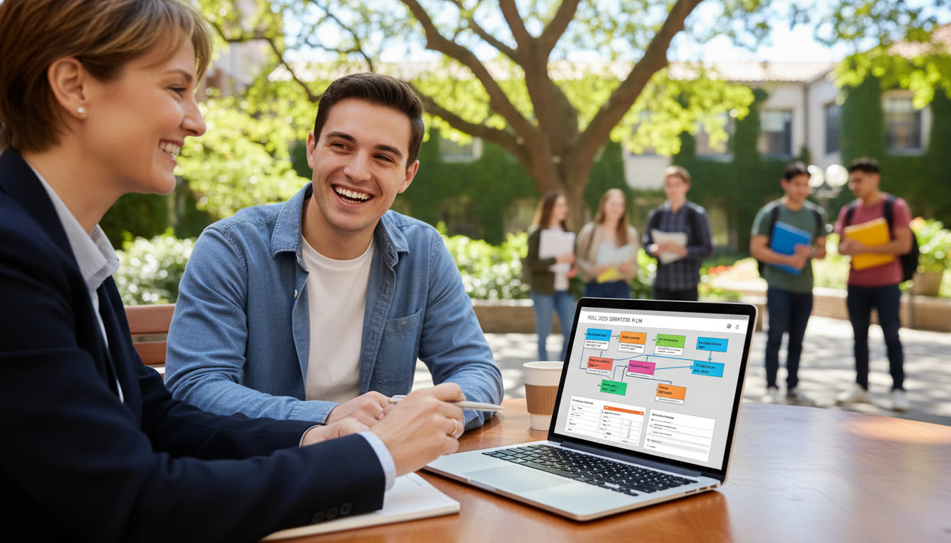Photo Idea : A student meeting with an academic advisor at a college campus, laptop open with a course map on screen — visualizing decision-making and planning during orientation or advising week. (Place near the conclusion to reinforce actionable planning.)