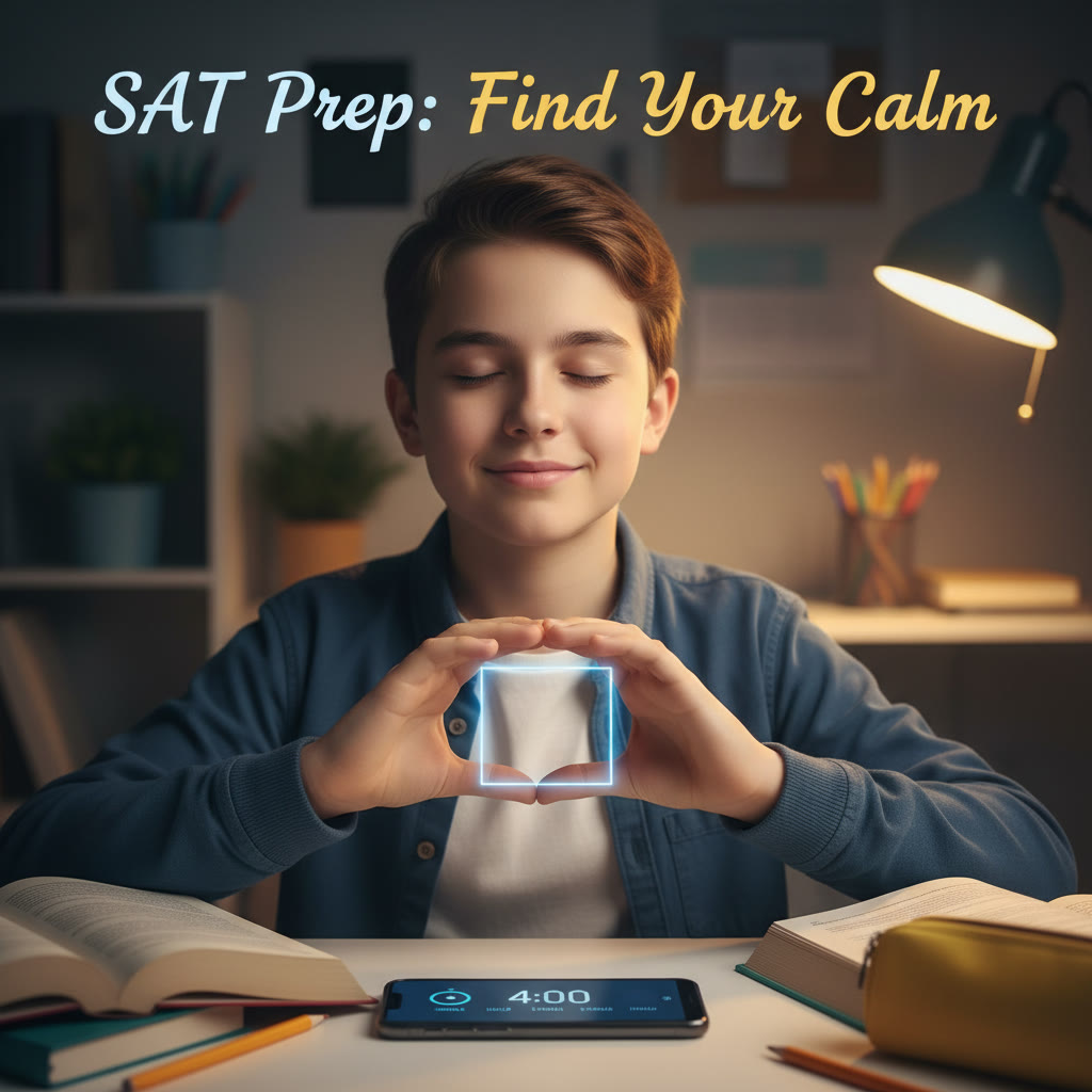 Student sitting at a desk practicing box breathing with a simple timer on a phone, description: close-up of hands and calm face to show breathing technique in practice
