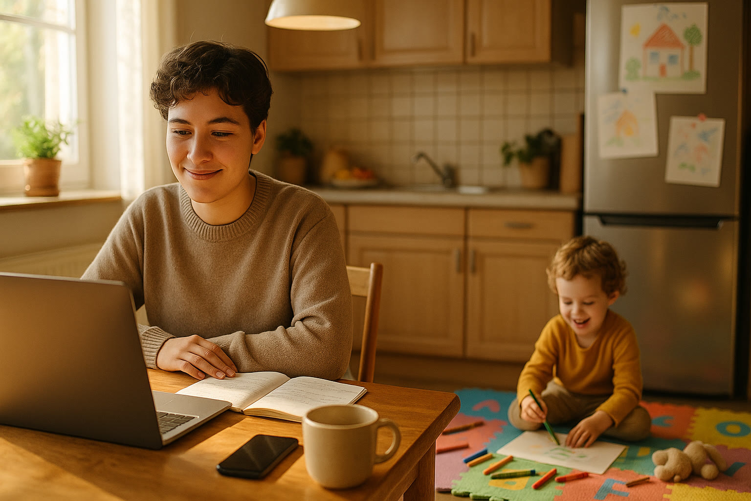 Photo Idea : A student at the kitchen table with a laptop and notes, smiling, while a younger sibling draws nearby on a colorful mat—warm home environment, natural light.