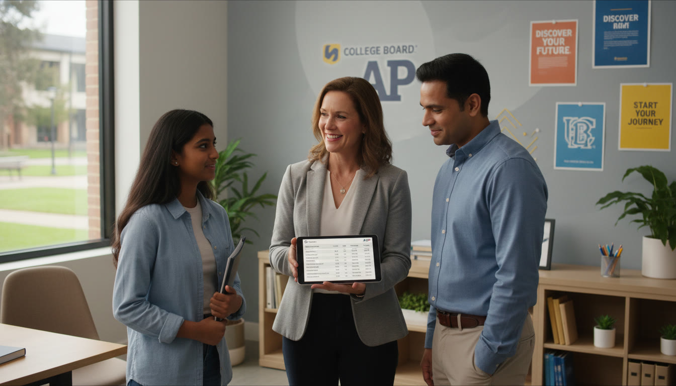 Photo Idea : A university registrar or admissions officer speaking with a parent and student in a bright admissions office, pointing to a course equivalence table on a tablet — conveys clarity and partnership.