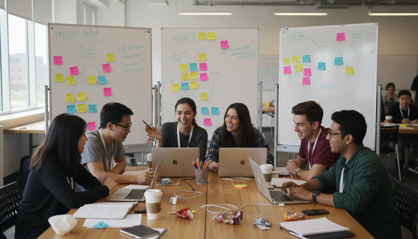 Photo Idea : A team of students huddled around laptops at a hackathon table, whiteboards full of sticky notes and flow diagrams in the background. The shot should capture energy, collaboration, and the tactile chaos of rapid prototyping.