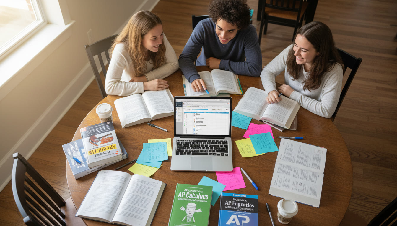 Photo Idea : A candid top-down photo of three high-school students sitting around a table strewn with AP review books, colorful notes, and a laptop open to a shared digital study planner. The mood is focused but friendly.