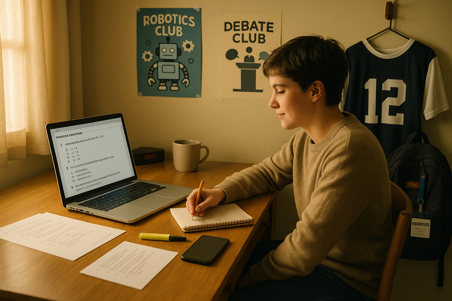 Photo Idea : A warm, candid shot of a high school student studying on a laptop with practice SAT questions on screen, surrounded by posters for clubs (robotics, debate), a sports jersey, and a volunteer badge—showing the blend of academics and activities.