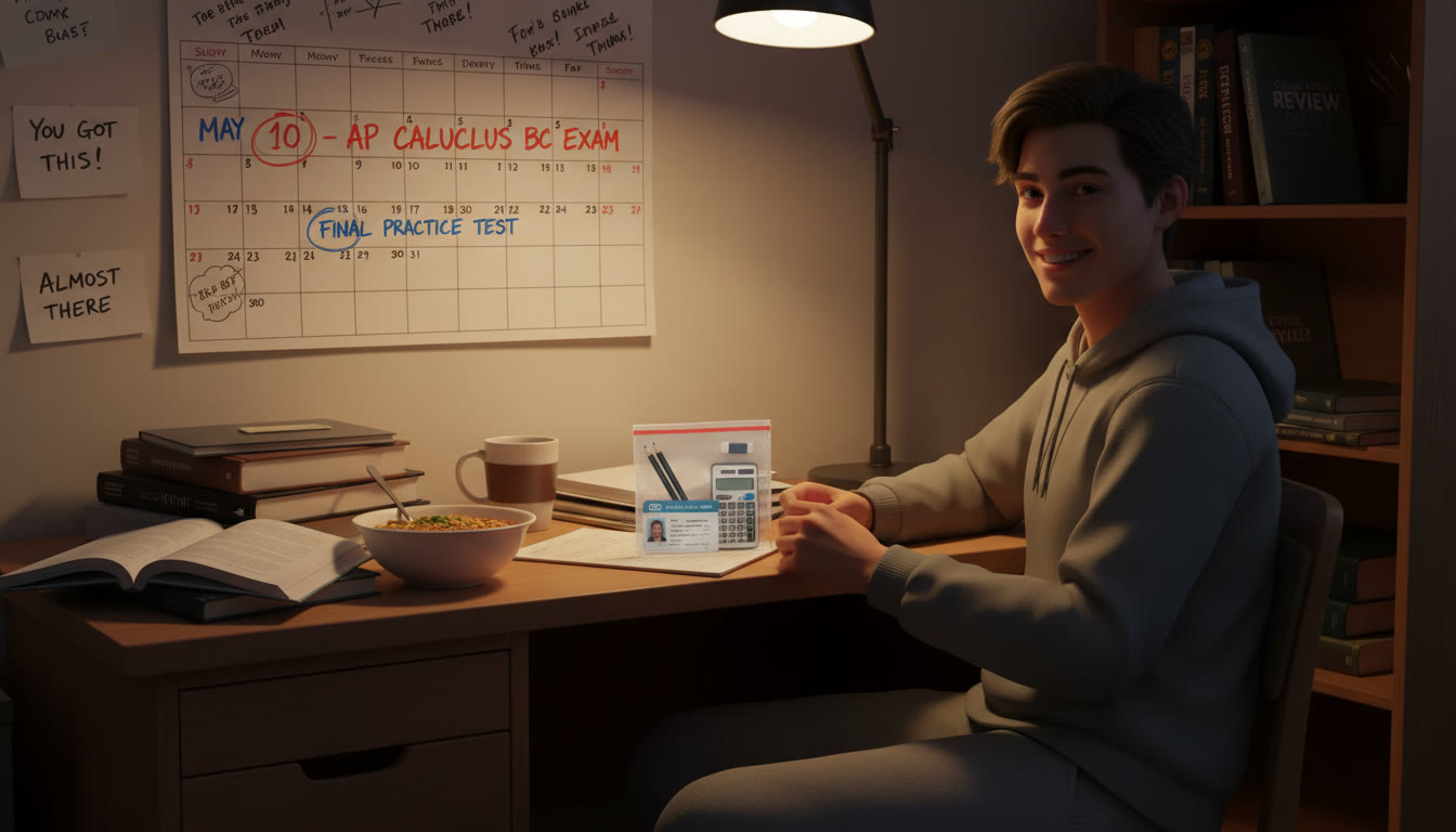 Photo Idea : A student the night before the exam packing a small exam kit (pencils, calculator, ID) while a calendar on the wall shows the final practice-test and exam day circled.