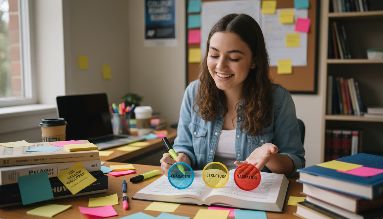 Photo Idea : A student at a desk surrounded by sticky notes and a copy of a short story, with three colored lenses or translucent overlays labeled Character, Structure, Narration — visual metaphor for analytical tools.