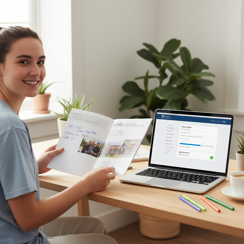Photo Idea : An applicant reviewing an ANU program brochure with test score notes and a laptop displaying an application portal, illustrating the practical next step between scores and applications.