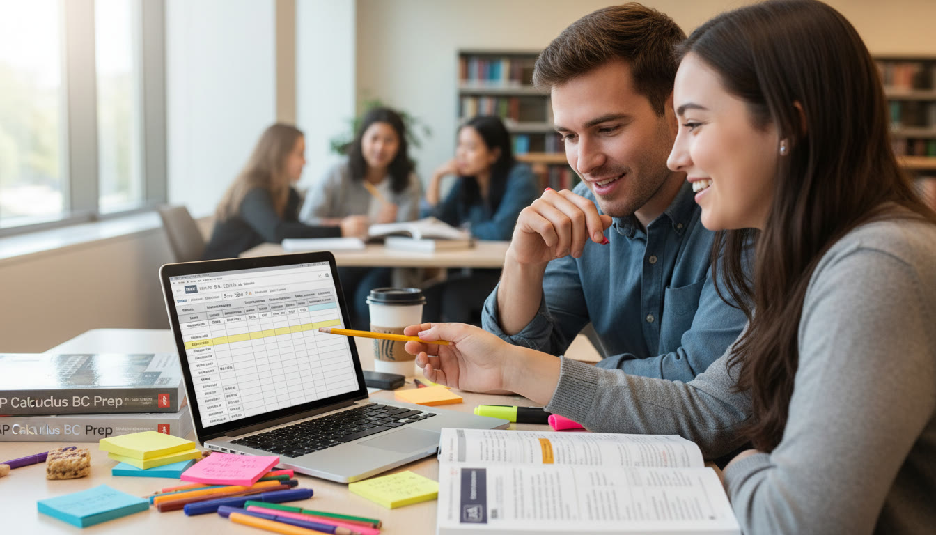 Photo Idea : Close-up of a student and a tutor reviewing a monthly audit table on a laptop; sticky notes, color-coded pens, and an AP prep textbook on the table—this fits naturally in the action-plan section to show collaboration.