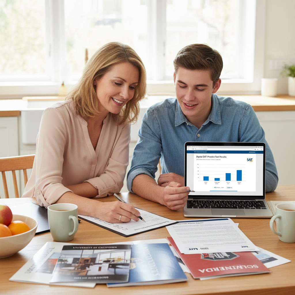 Photo Idea : A parent and teenager reviewing a checklist together at a kitchen table with college brochures, a laptop, and a printed practice Digital SAT report—warm, collaborative moment.