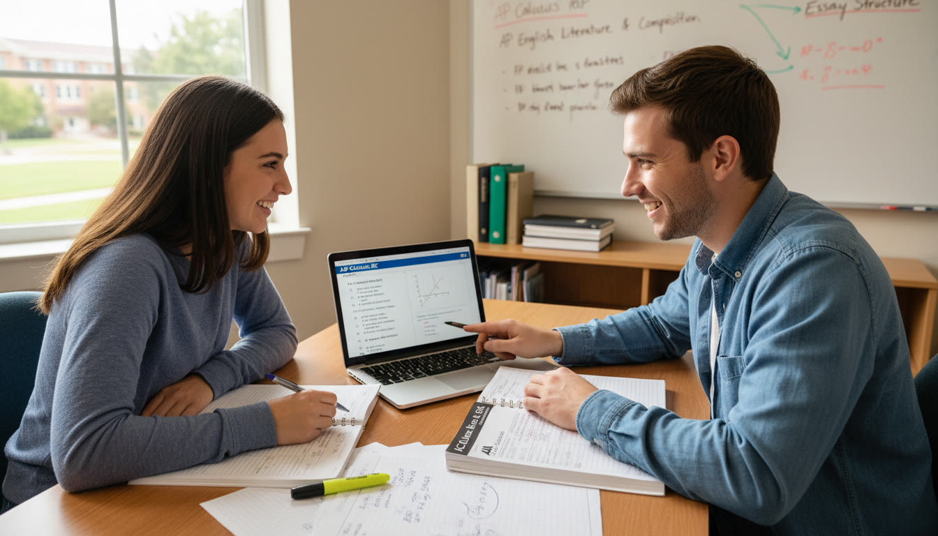 Photo Idea : A focused, uplifting image of a tutor and student working over a practice exam at a desk with a laptop displaying AP-style questions—conveys collaboration and targeted practice.
