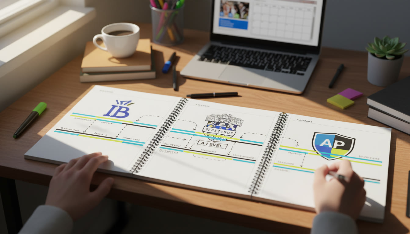 Photo Idea : A student’s desk with three open notebooks labeled IB, A Level, and AP, with mini sticky-note timelines stretching across all three — visually suggesting alignment and mapping between curricula.