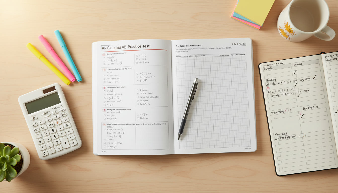 Photo Idea : Flat lay of a study desk with an open practice test, calculator, highlighters, and a planner showing a study schedule — bright, focused, and organized.