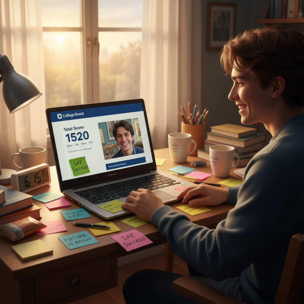 Photo Idea : A student sitting at a desk at dawn, laptop open, colorful sticky notes, and a College Board score report on the screen with a mix of emotions on their face.