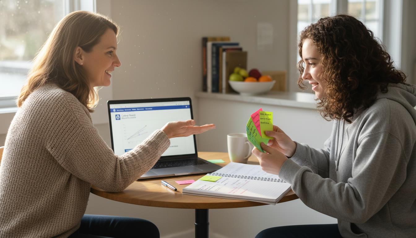Photo Idea : A warm, candid photo of a parent and teen at a small kitchen table with a laptop, open notebook, and a few highlighted flashcards — showing collaboration and a relaxed study environment.