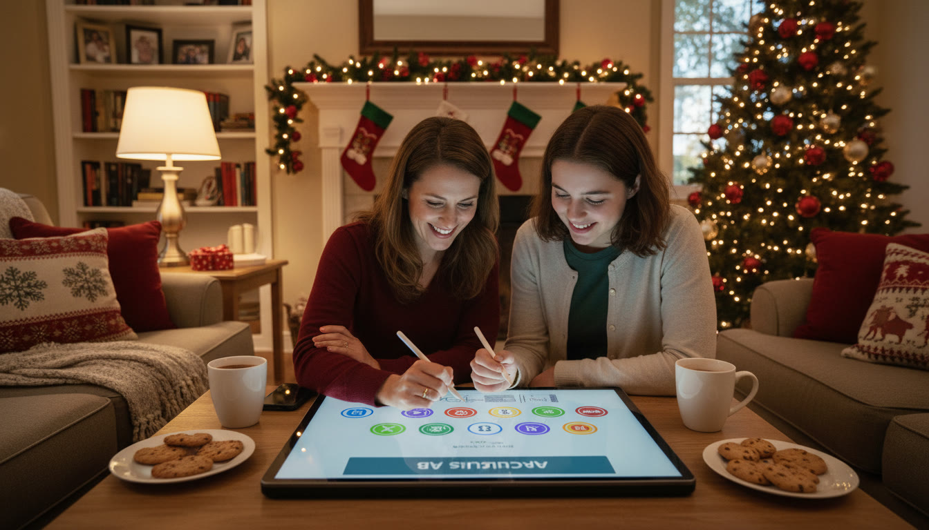 Photo Idea : A tutor and teen at a touchscreen tablet or laptop, with a cozy living room and holiday decor in the background; the scene conveys calm, focused support amid family life.