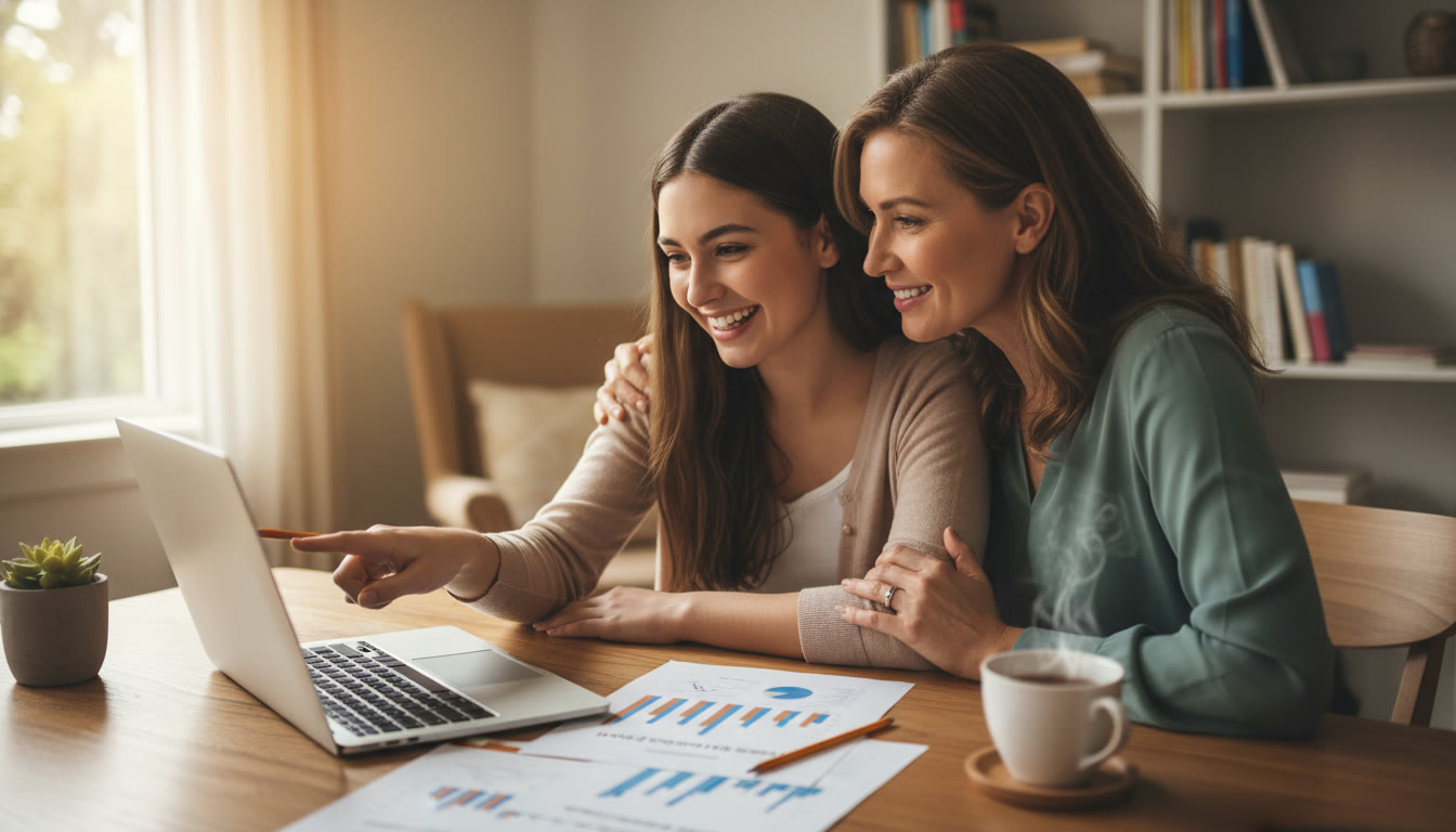 Photo Idea : A calm study scene with a student and parent reviewing AP score reports on a laptop; natural light, papers with charts, and a cup of tea to set an encouraging tone.