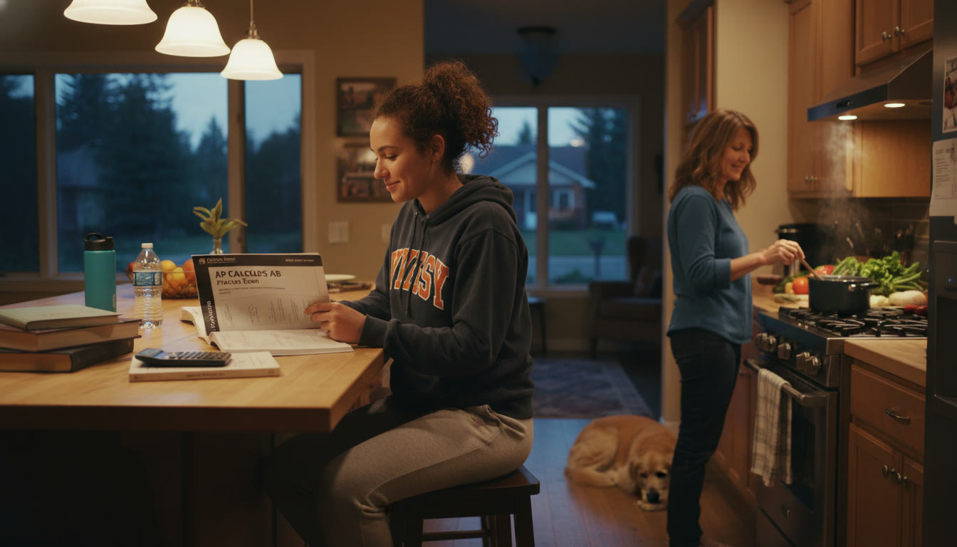 Photo Idea : A quiet evening scene at home with a student athlete reviewing an AP practice exam while a parent prepares dinner, illustrating family support and balanced life.