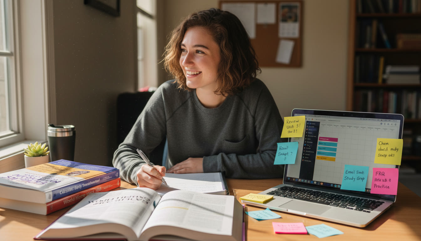 Photo Idea : A bright, candid photo of a student at a desk with two open textbooks, a laptop showing a calendar, and sticky notes—visualizing planning and study flow.