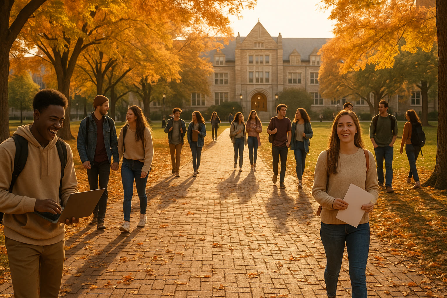 Photo Idea : A hopeful, candid photo of a college campus quad in autumn with students walking, symbolizing the outcome of successful scholarship planning and preparation.