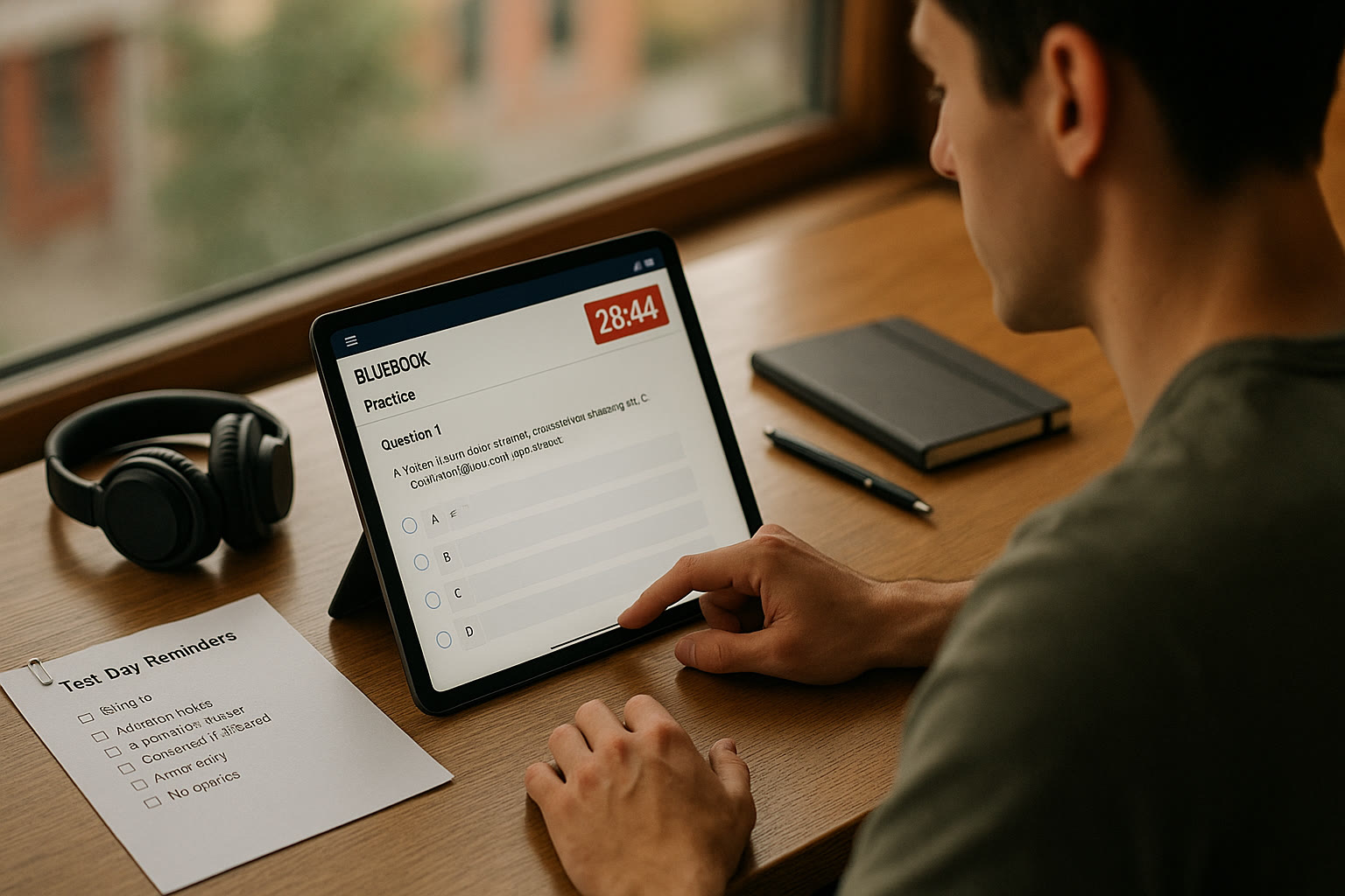 Photo Idea : A student using a tablet in Bluebook practice mode with a visible timer on-screen, headphones nearby, and a printed checklist of test-day reminders.