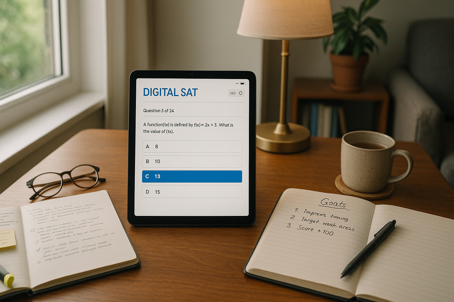 Photo Idea : A comfortable study nook with a tablet displaying a practice Digital SAT interface, a notebook with goals, and a tutor’s notepad — illustrating targeted, personalized prep in action.