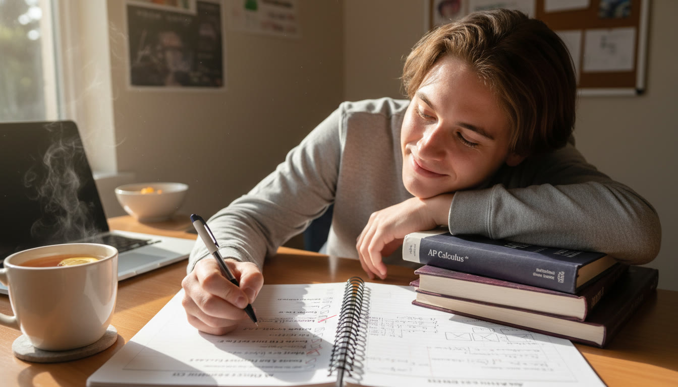 Photo Idea : A student crossing items off a study checklist with a notebook open to AP practice problems and a cup of tea beside them—conveys satisfaction and small wins after completing temptation bundles.