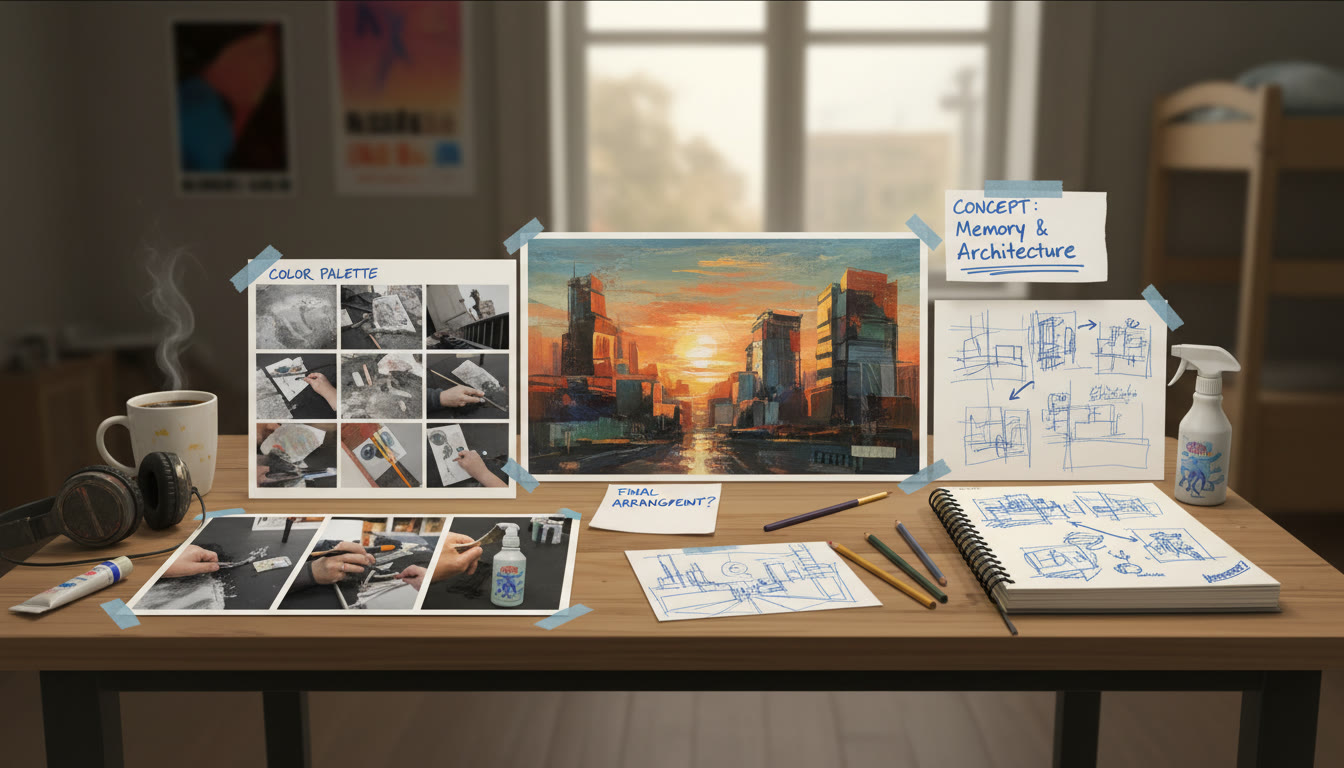 Photo Idea : A table showing a student's portfolio spread — thumbnails, process shots, and a final work arranged with handwritten notes — to illustrate sequencing and narrative.