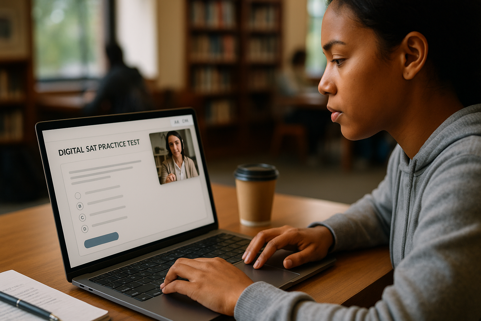 Photo Idea : Close-up of a student taking a Digital SAT practice test on a laptop in a campus study space, with a tutor on a video call in a small inset on the screen—conveys concentrated preparation and modern tutoring support.